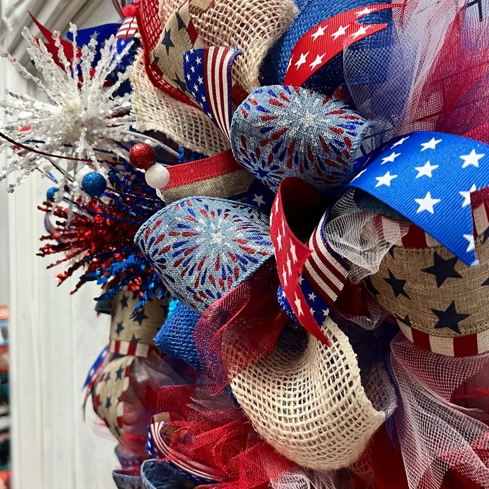 Welcome patriotic wreath, red white and blue mesh ribbon front door wreath.